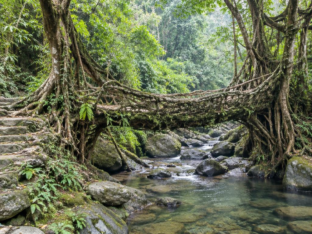 Illustrative view of a living root bridge in Meghalaya